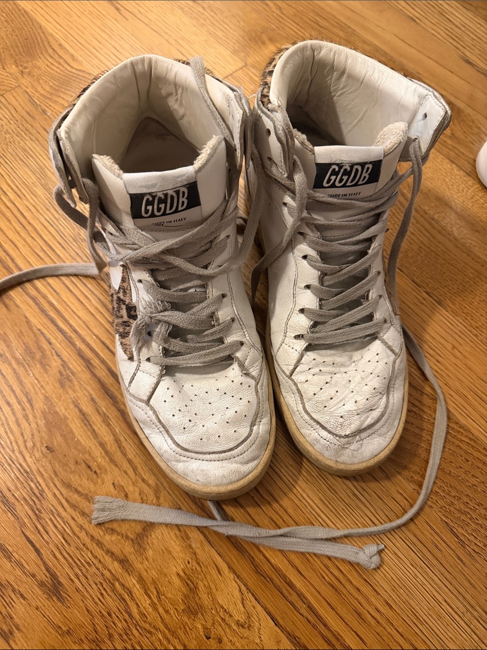 Golden Goose Sky Star White High-Top Sneakers with Leopard Accent